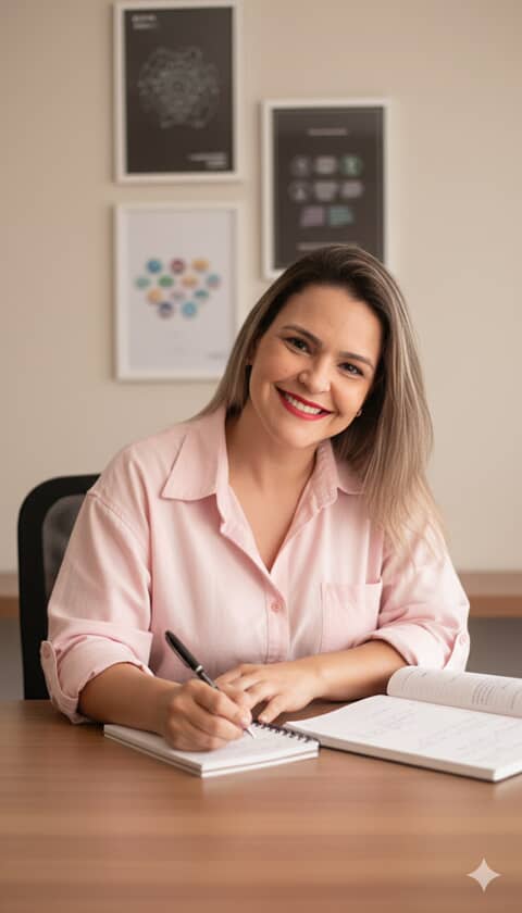 Andrea Oliveira sorrindo em um ambiente acolhedor de consultório.